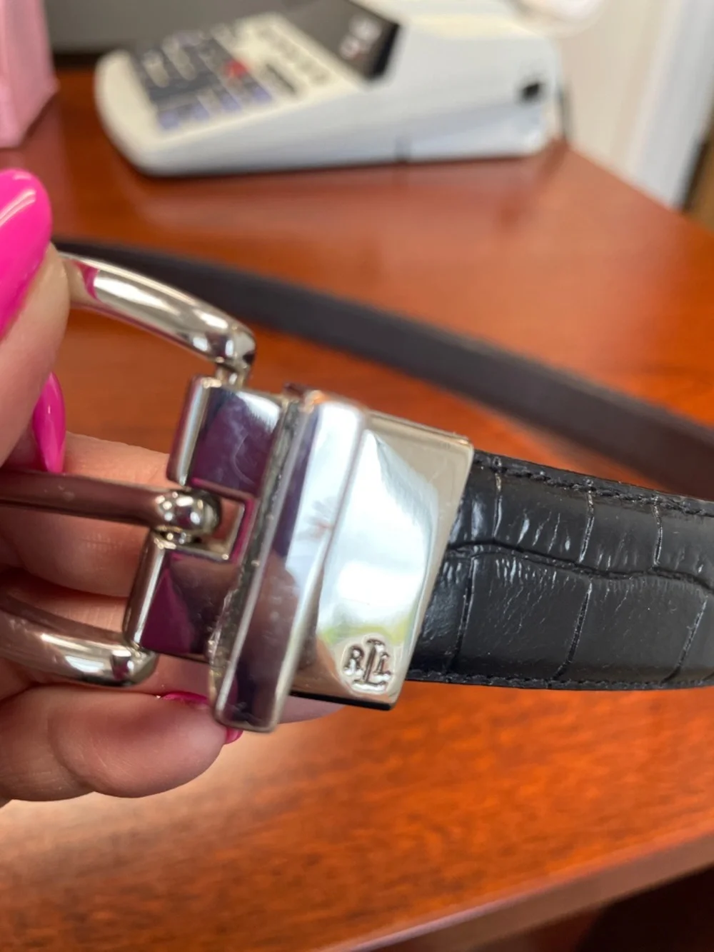 Lauren Ralph Lauren Women’s Black Croc-Embossed Leather Belt with Silver Buckle